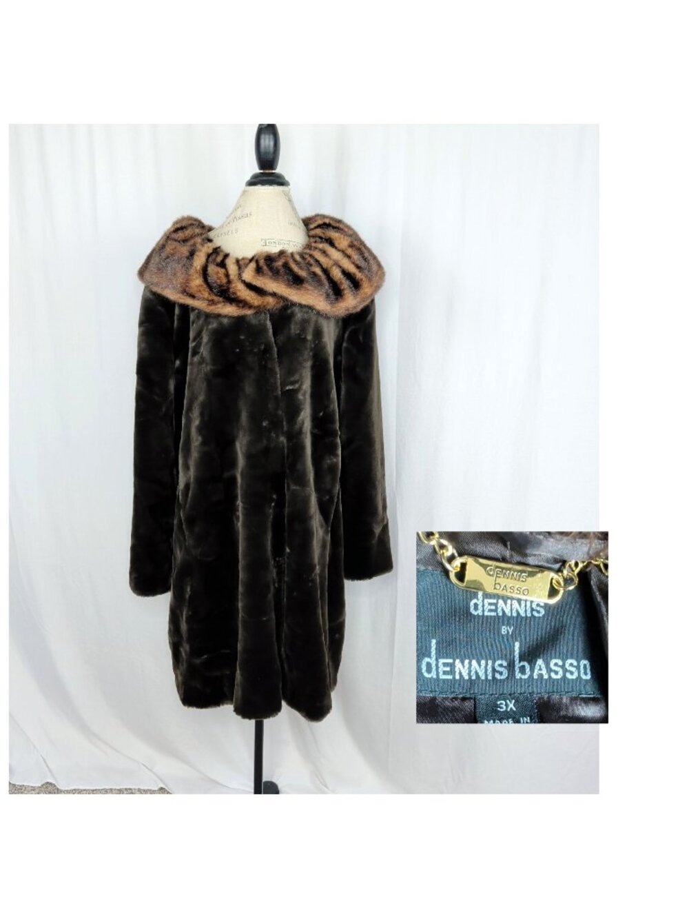 Dennis Basso Brown Faux Fur Coat 3X XXX Large Mid Length